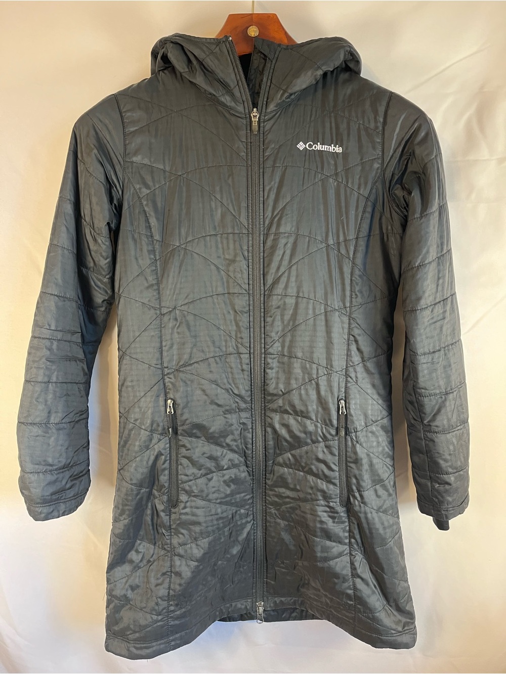 Columbia Omni-Heat Long Insulated Winter Coat Jacket Hooded Womens Small Black